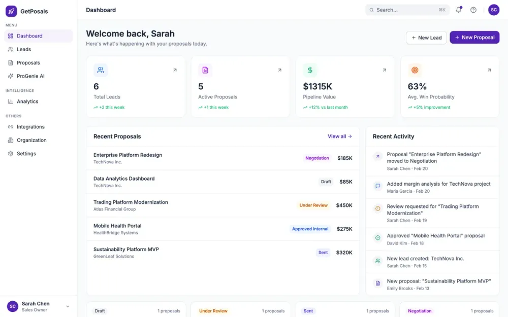 GetPosals — An AI proposal workspace designed, built, and deployed as a solo project.