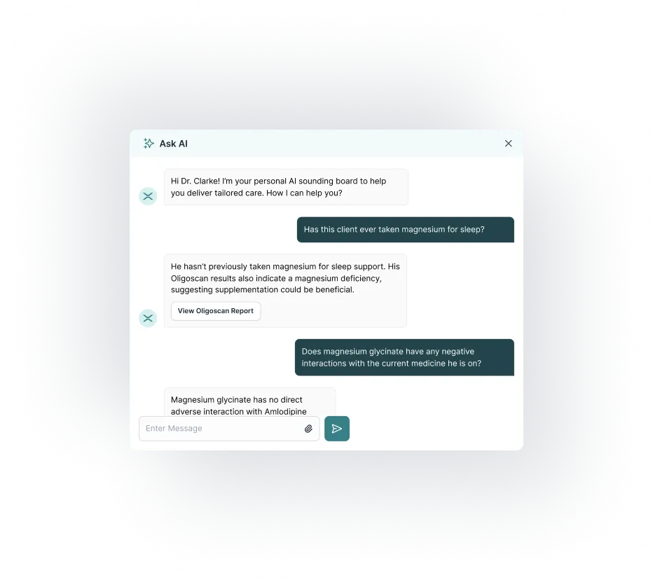 Ask AI modal answering a natural-language question about a client