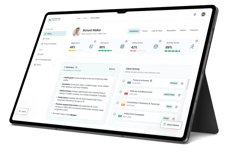 Expand Health client dashboard with health scores, AI summary, and activity feed
