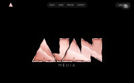 Ajan Media, a media company site built in Framer, faceted chrome logotype on black