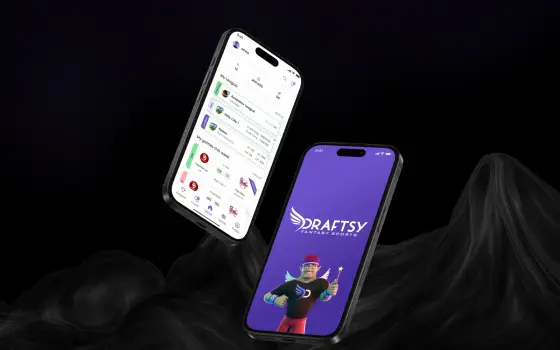 Draftsy on two phones, a draft board beside the fantasy sports splash screen