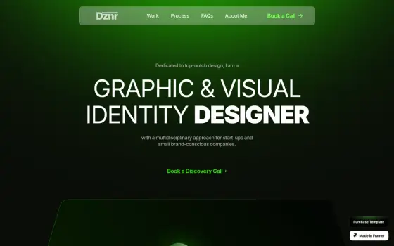 DZNR, a designer's studio site built in Framer, dark green hero