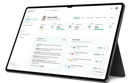The Expand Health practitioner dashboard on a tablet, four health scores above an AI summary and a client activity feed