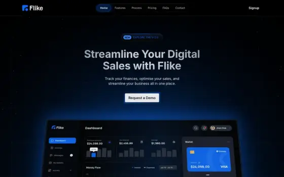 Flike, a fintech SaaS marketing site built in Framer, dark hero above a dashboard preview