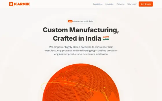 Karmik, a contract manufacturing site built in Framer, hero type over an orange globe