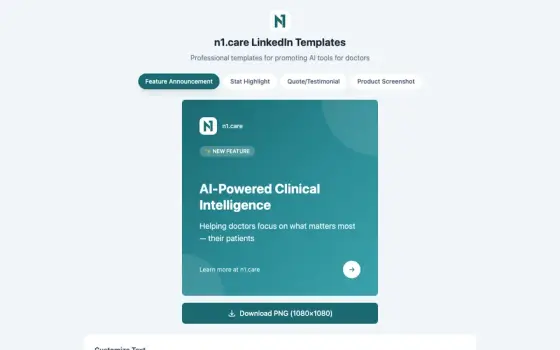 The n1.care LinkedIn template tool, a generated clinical AI post card above a download button