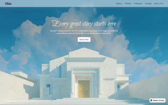 Mansions, a premium real estate site built in Framer, a marble villa under a blue sky