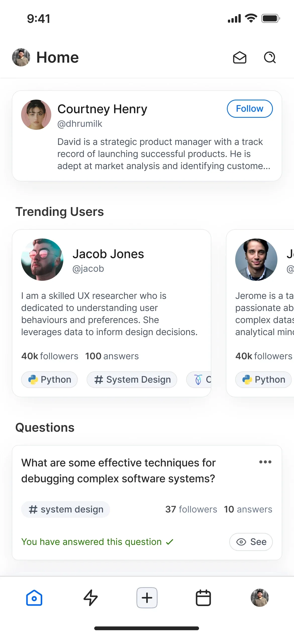 The Duggup home feed, showing trending users and open questions