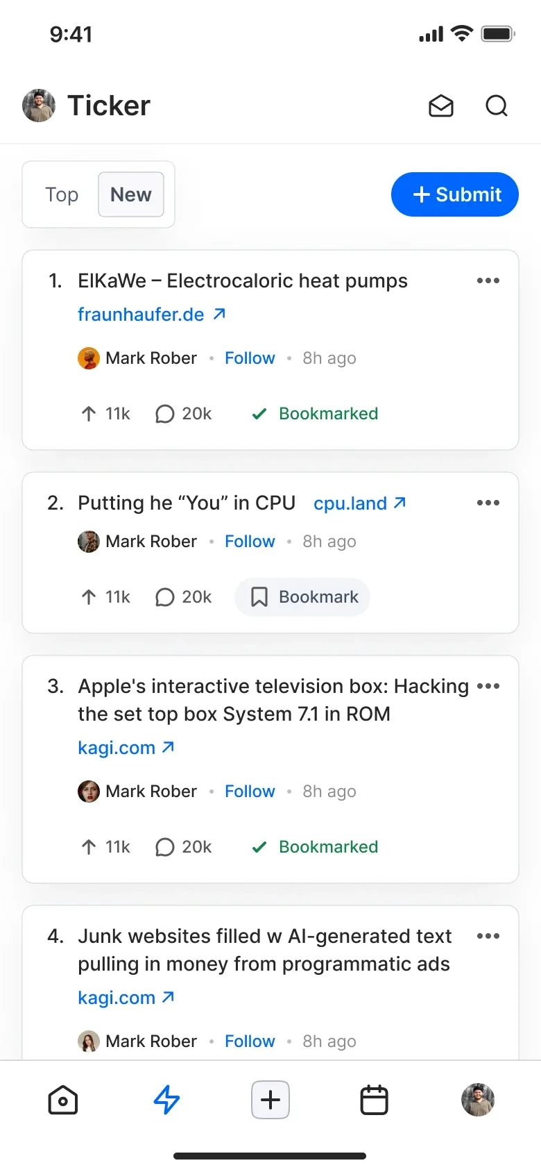 The Duggup ticker, a list of links submitted by the community