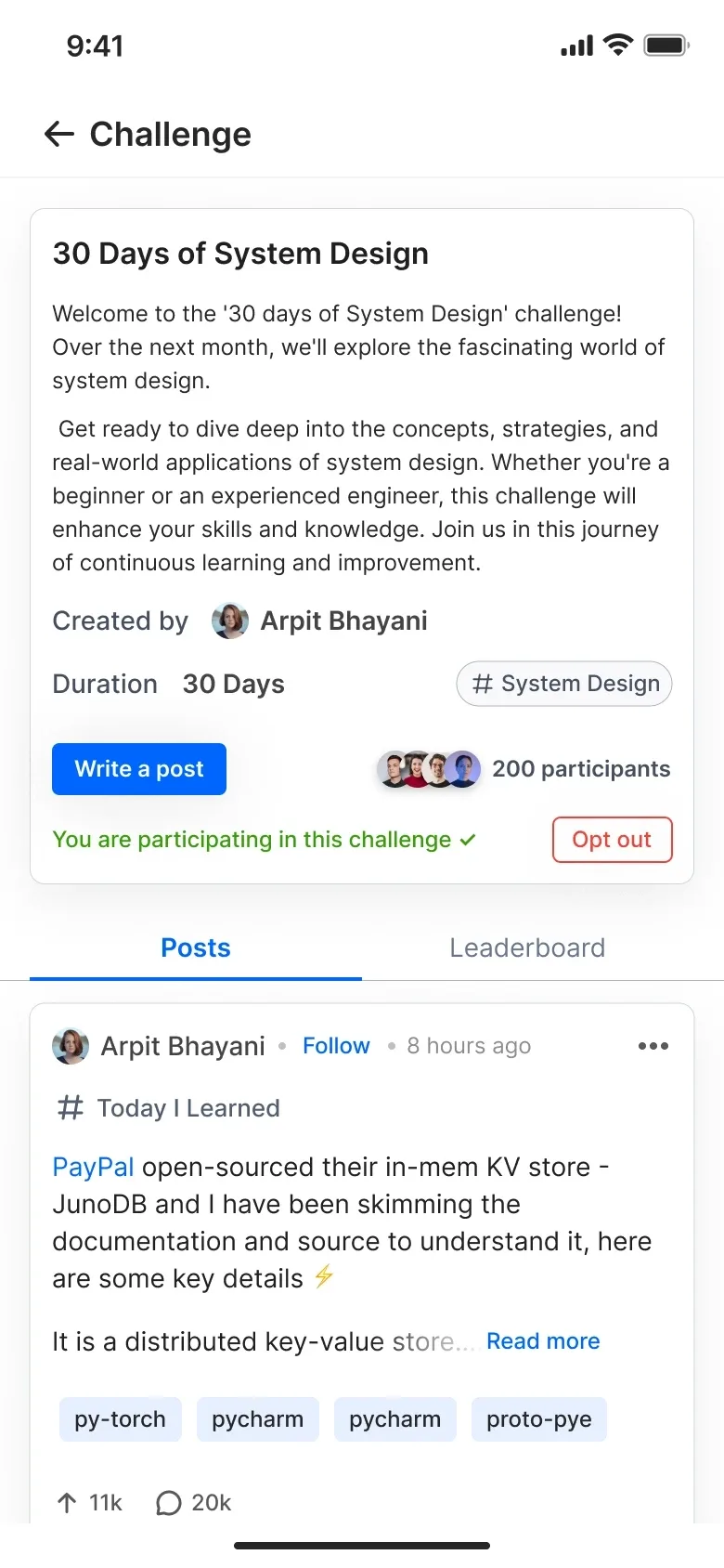 A Duggup challenge page for 30 Days of System Design, with a leaderboard