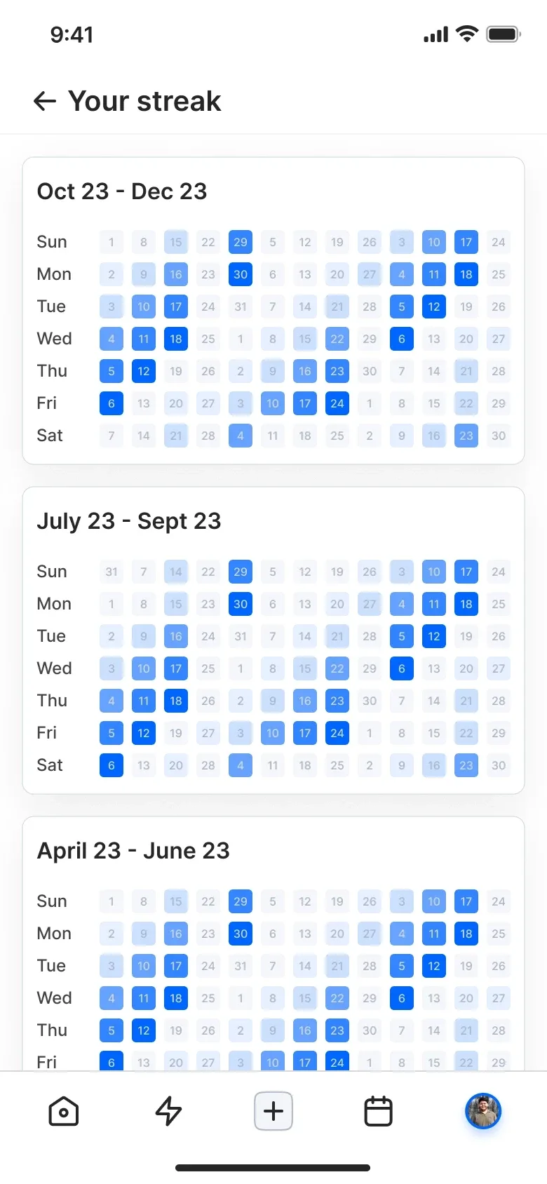 A Duggup streak page showing an activity graph across several months