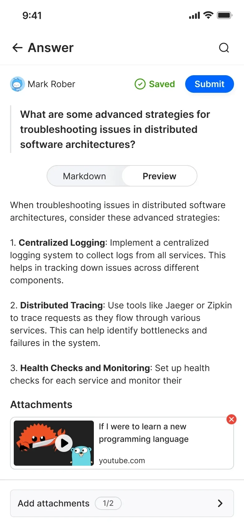 The Duggup answer composer, with markdown and preview tabs