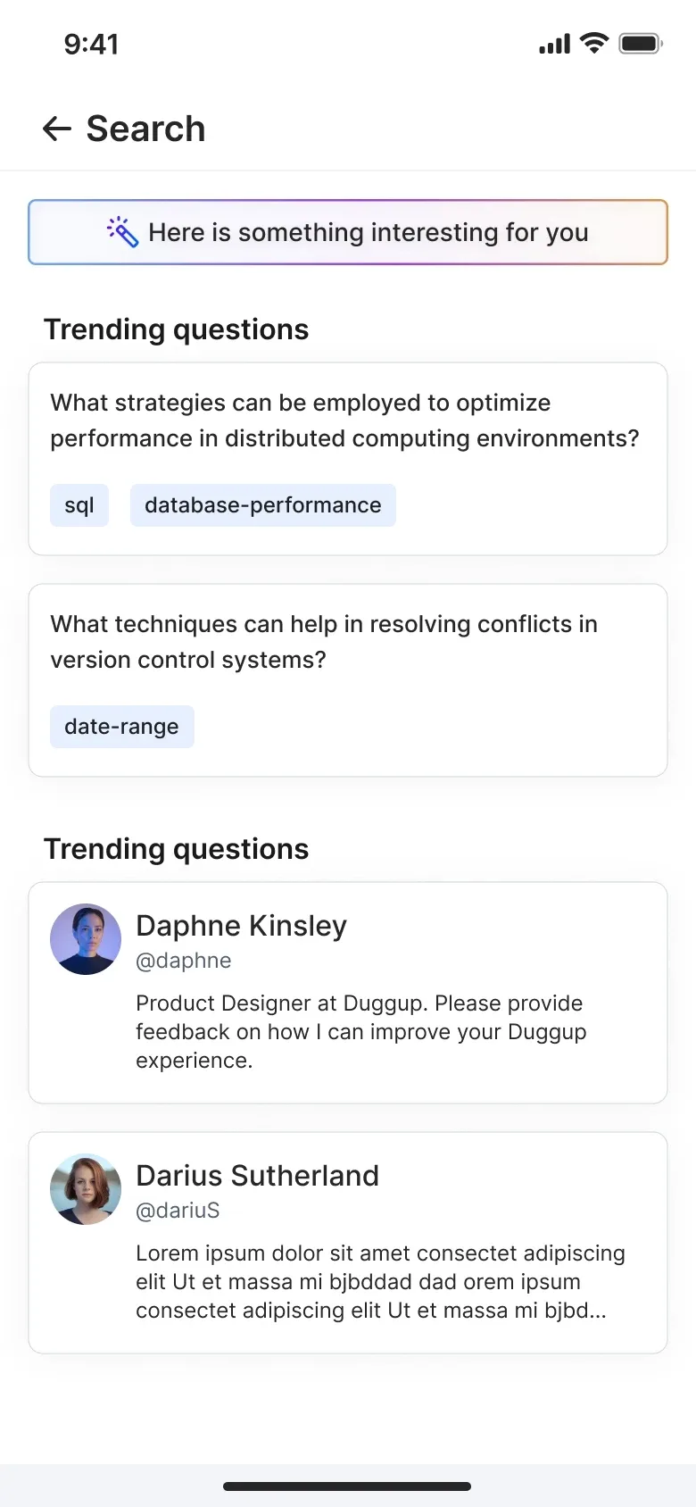Duggup search, surfacing trending questions before any query is typed